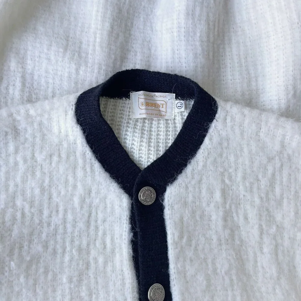 VTG 60s BRENT Montgomery Ward Cardigan L Ivory Orlon Acrylic Fuzzy Shag Sweater